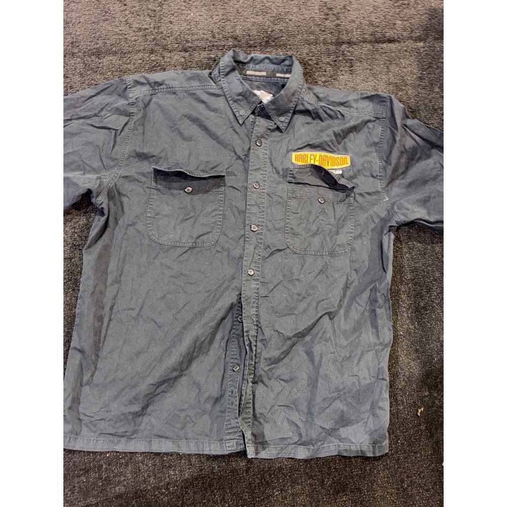 Harley-Davidson Mens XL Short Sleeve Button Up Work Shirt Black Patch Cotton
